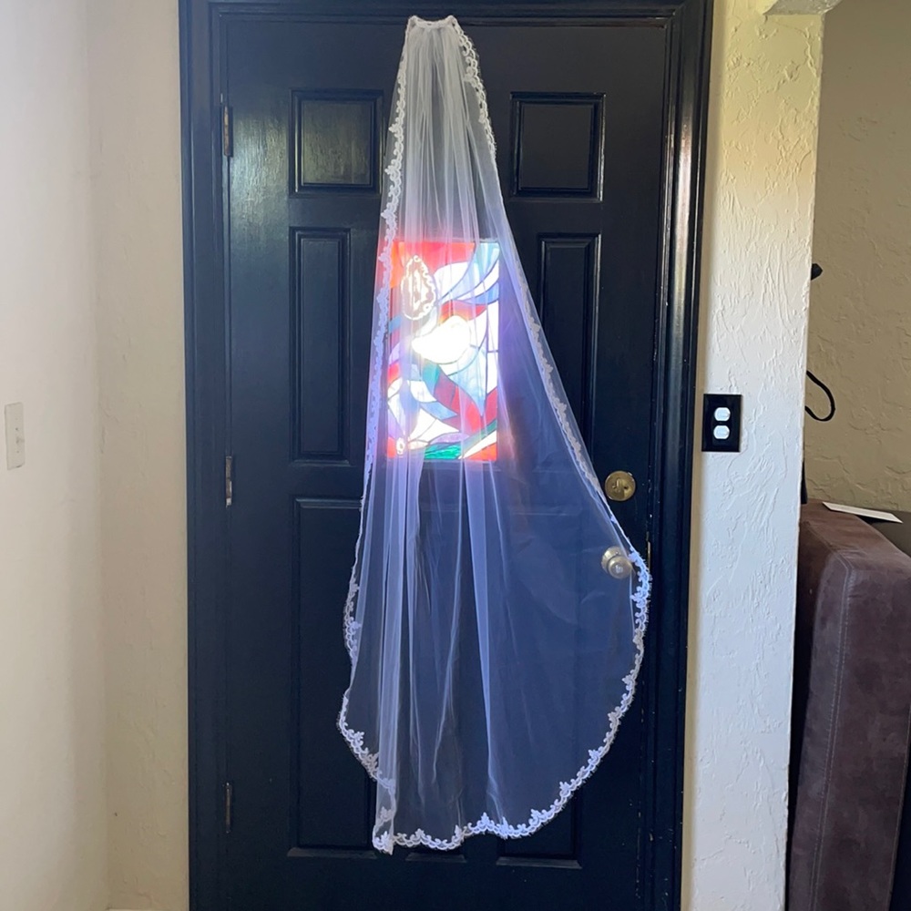 White veil with eyelash lace trim